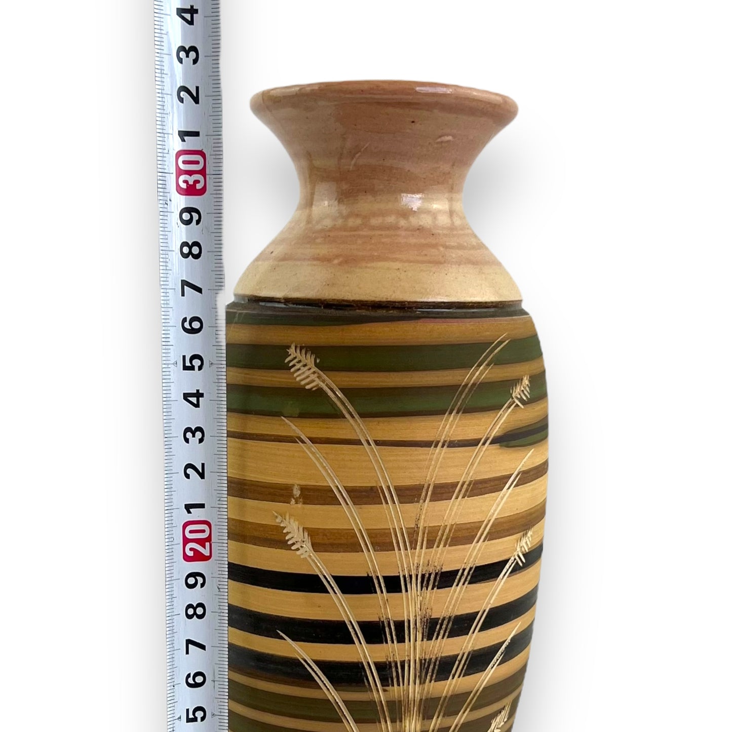 Striped pottery vase with grass etched design