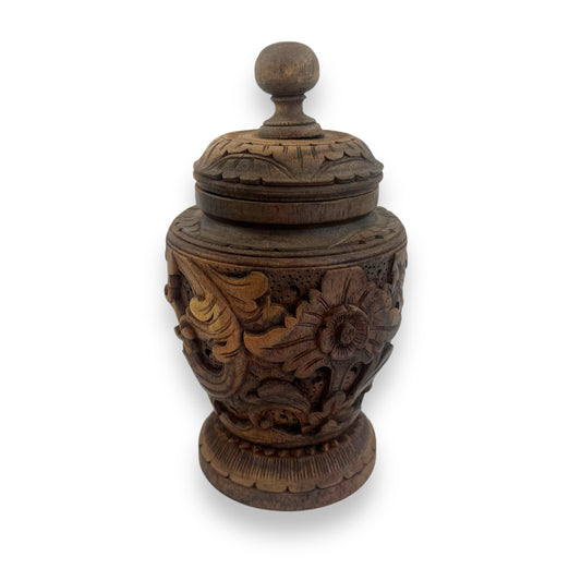 Hand-Carved Wooden Decorative Jar with Lid – Intricately Floral Design