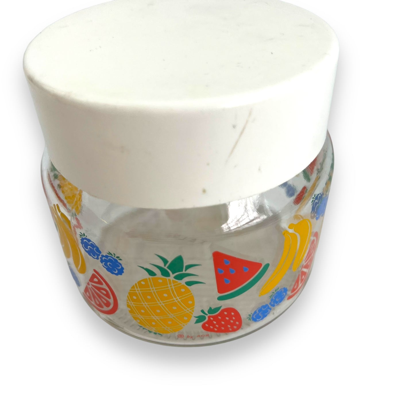 Colourful fruit patterned glass jar with white lid - Made in Italy