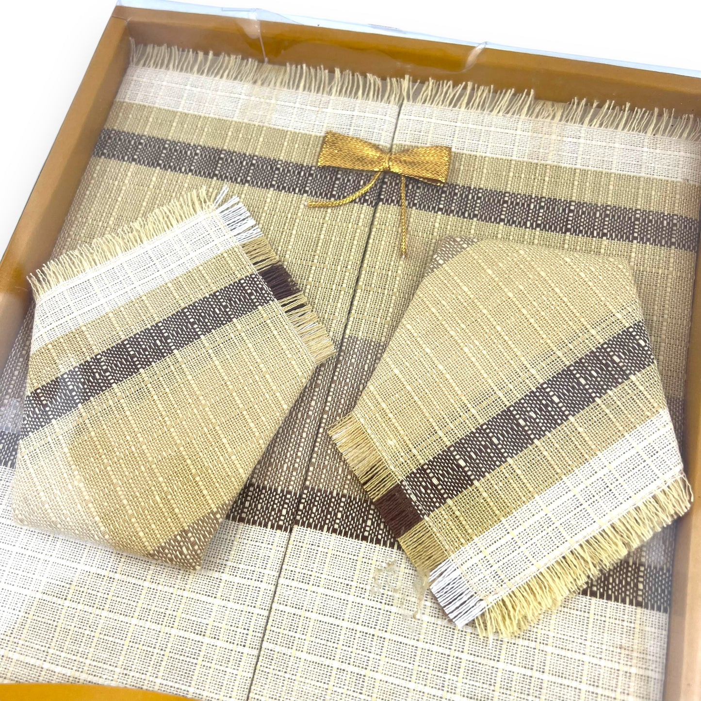 Vintage Mitake Table Place Mat and Napkin Set - Beige, Brown, and White Pattern - Made in Japan - Unused in Original Box