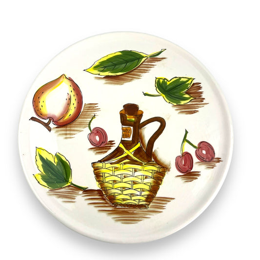 Handpainted food platter with bottle, cherrie, fruit & leaves