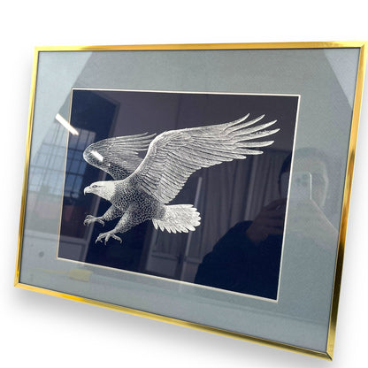 Silver Eagle on Blue Background in Brass Frame - Paul Breeden