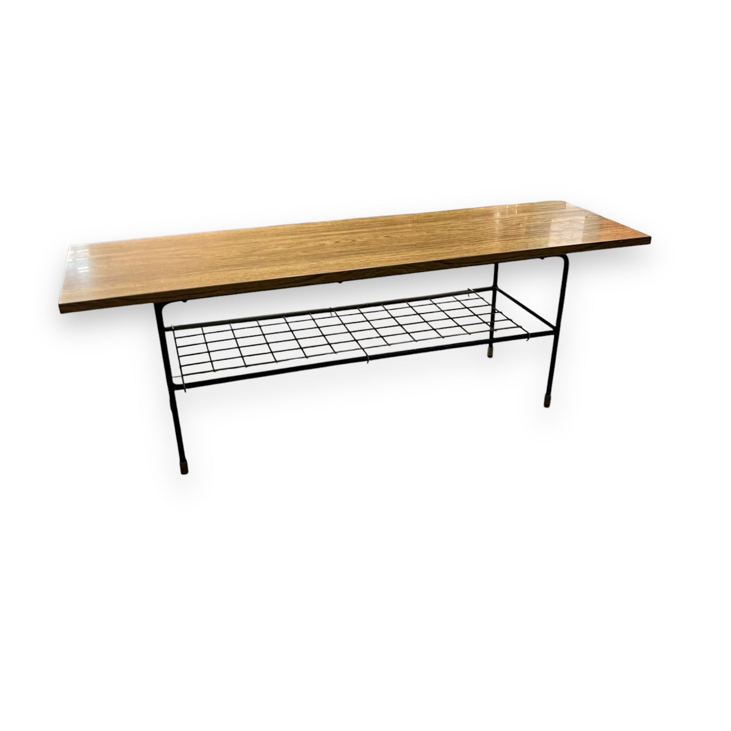 Brown Laminate top Coffee Table with black steel pin leg frame