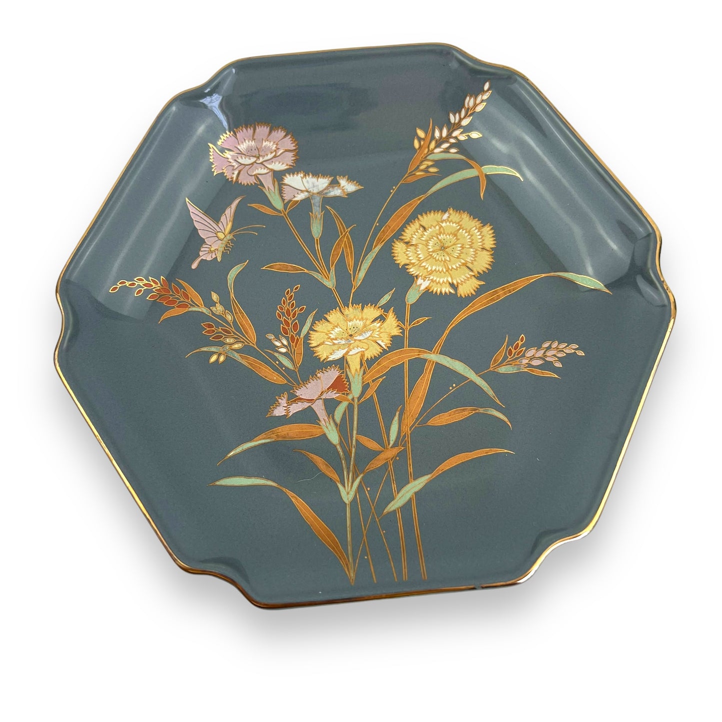 Flowers & Butterfly Print Hexagon grey shape plate