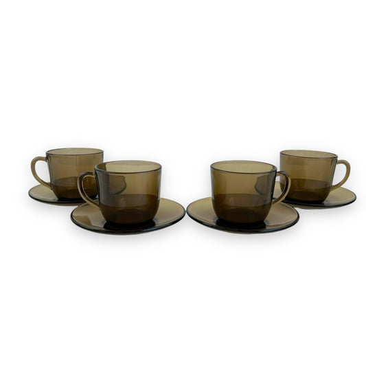 Vereco France Black Glass Cup & Saucers set of 4