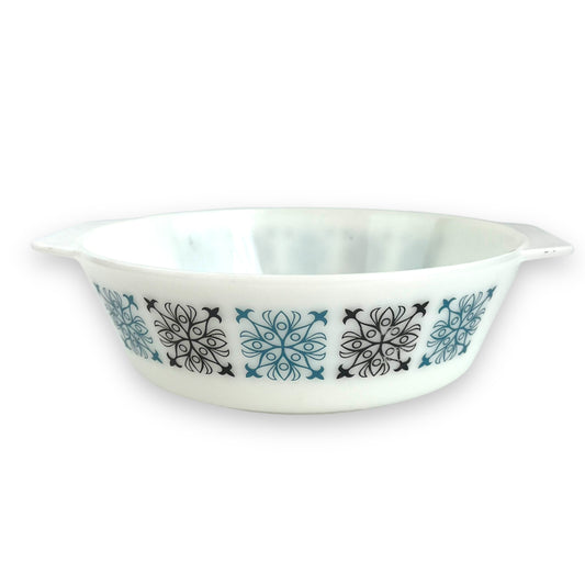 JAJ Milk glass baking dish with Blue & black retro pattern