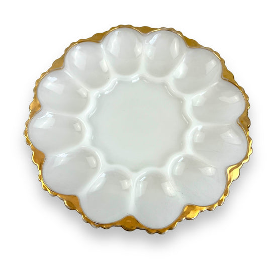 Anchor Hocking Milk Glass Devilled Egg Plate with Gold Rim