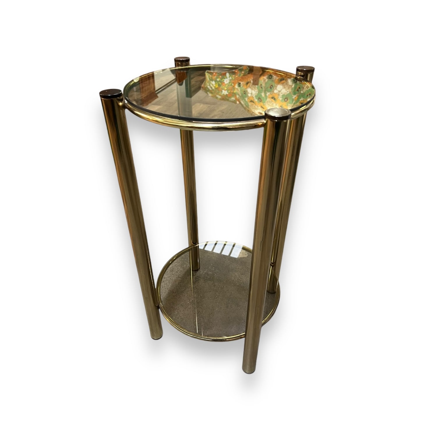 Brass Round Two Tier Stand with Smokey glass shelves