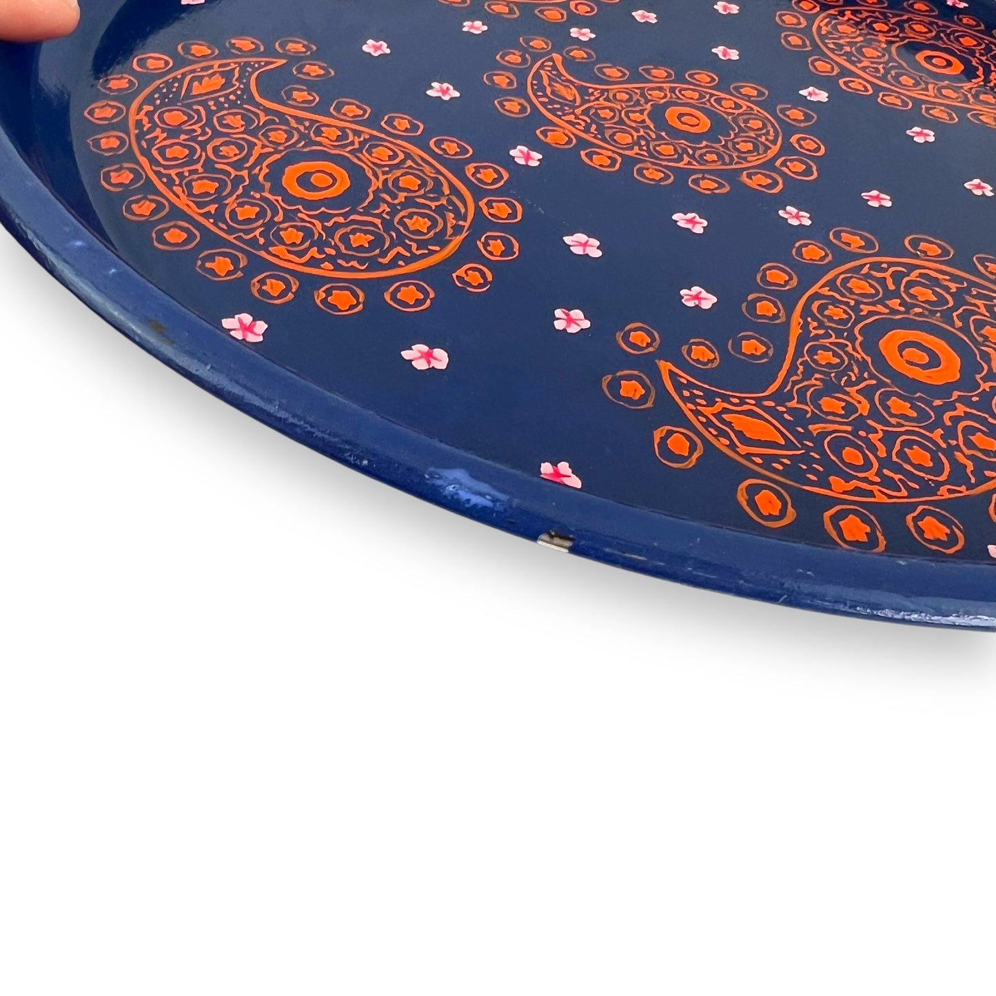 Blue metal tray with orange pattern