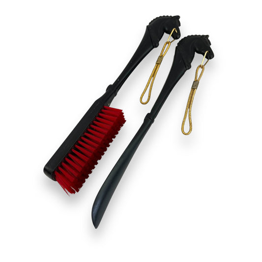 Horse Head Shoe Horn and Brush Set, Black, Red & Gold Plastic Hanging Set - Made in Hong Kong