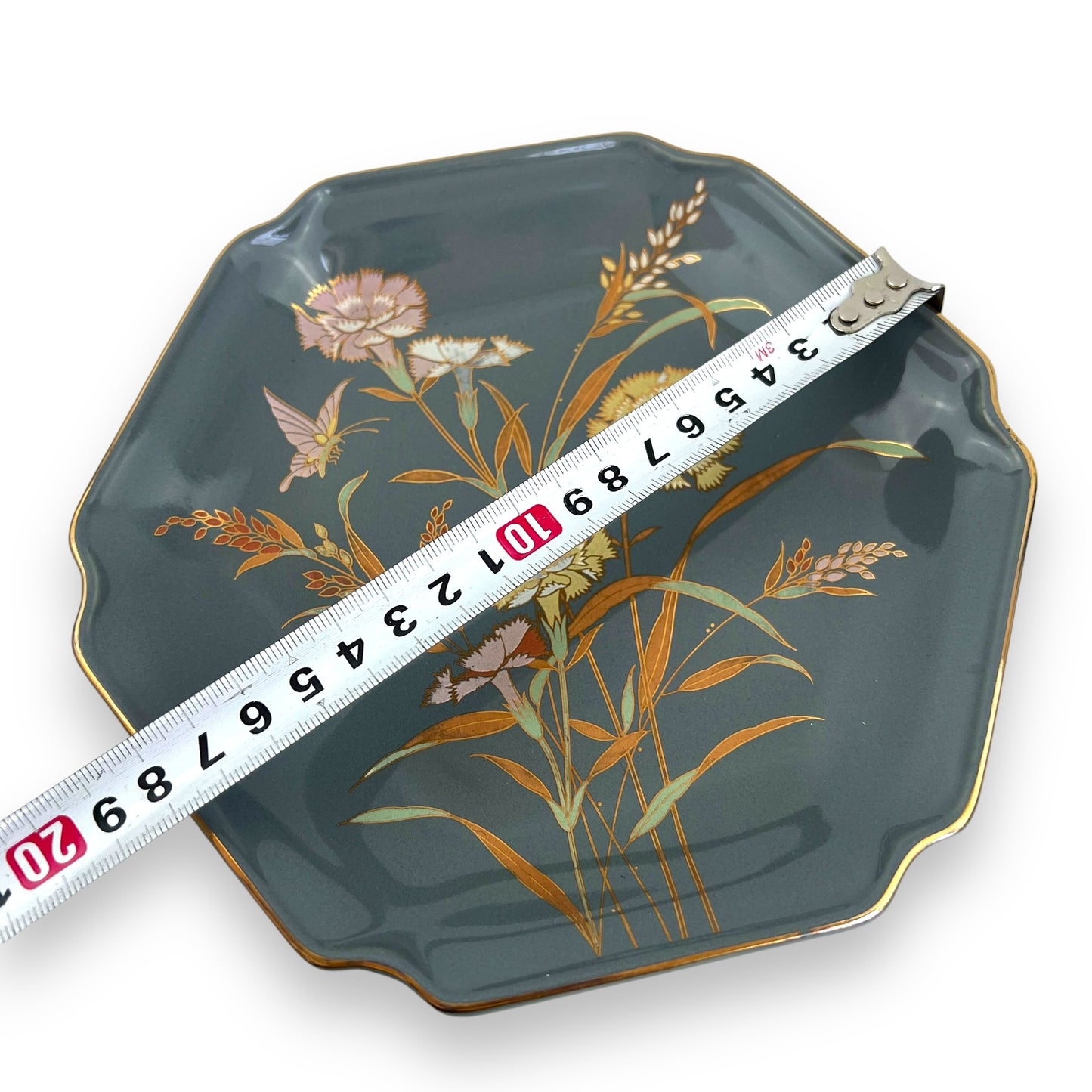 Flowers & Butterfly Print Hexagon grey shape plate