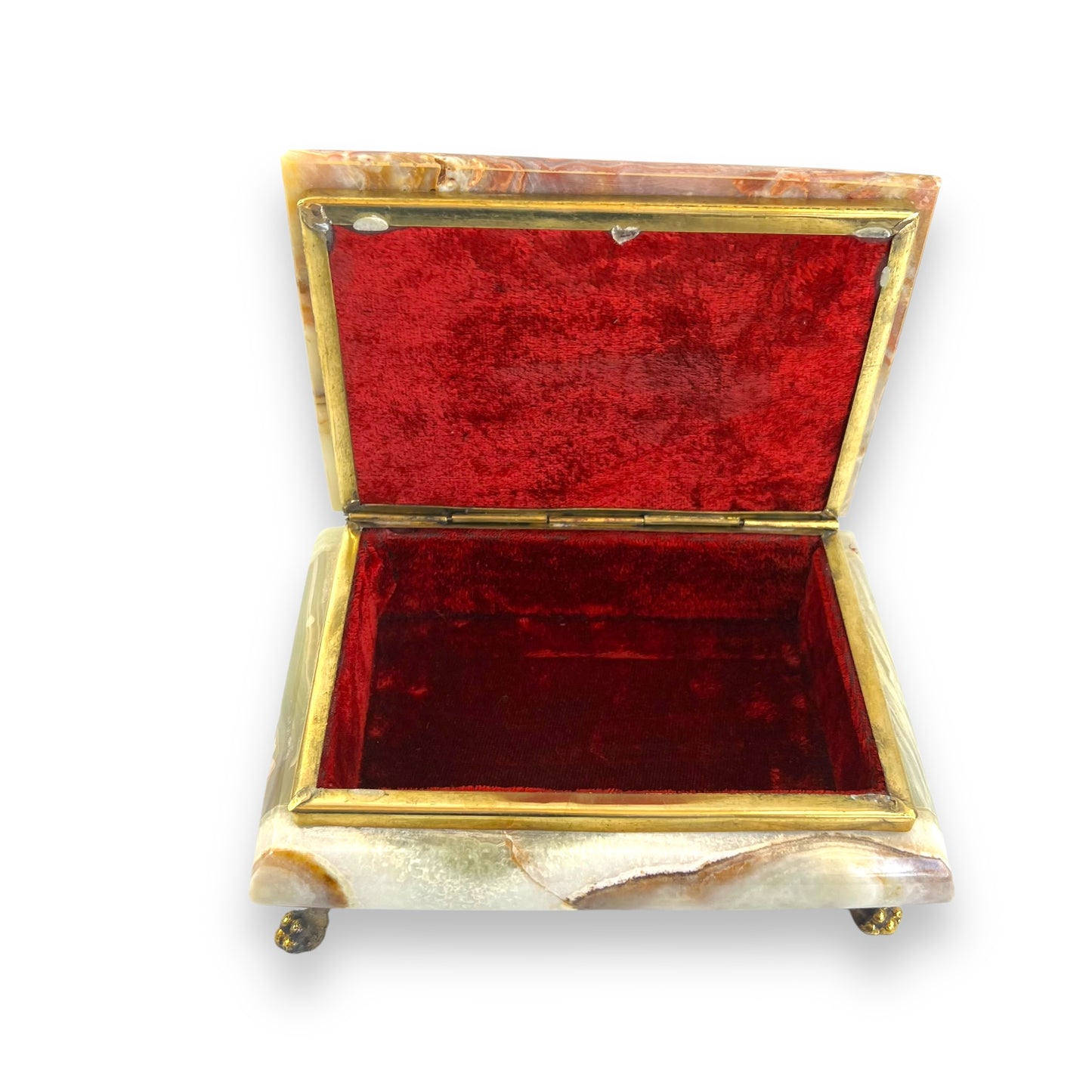 Vintage Onyx Stone Gold Footed Jewellery Box with red lining