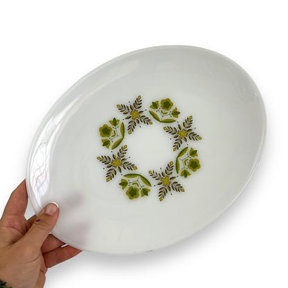 Anchor Hocking Milk Glass Oval Plate with green retro pattern