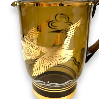 Smokey Black Glass Jug with gold flying birds and 3 glasses