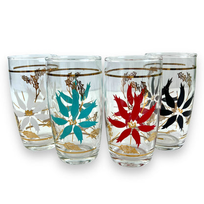 Colourful flower pattern glass set: white, green, red & black