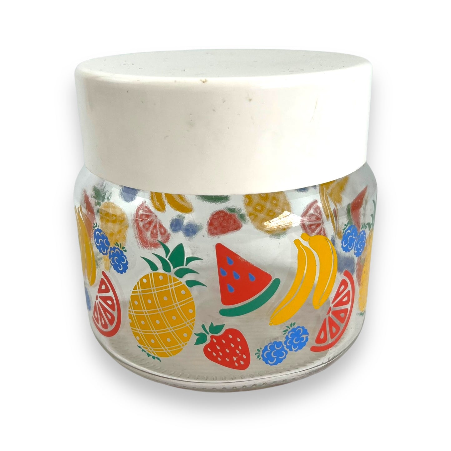 Colourful fruit patterned glass jar with white lid - Made in Italy