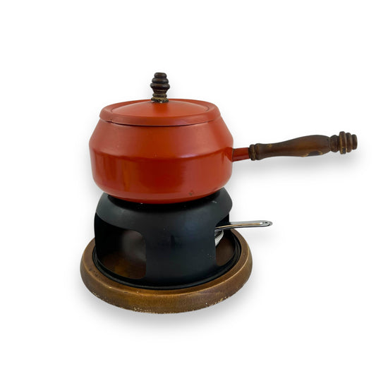 Orange Fondue Set with Wooden Handle and Base