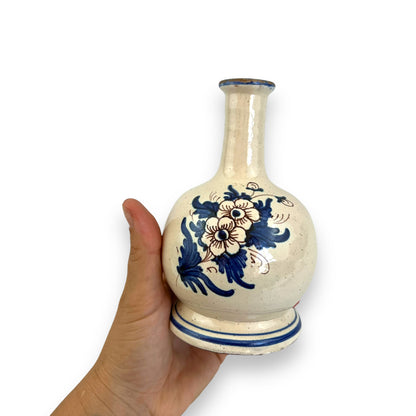 Vintage White Terracotta Soliflore Vase with Blue Floral Design