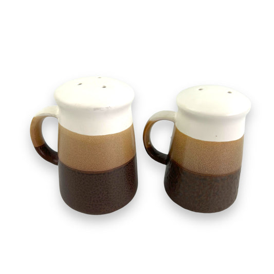 Brown & white stripe Salt & Pepper Shaker set with handles