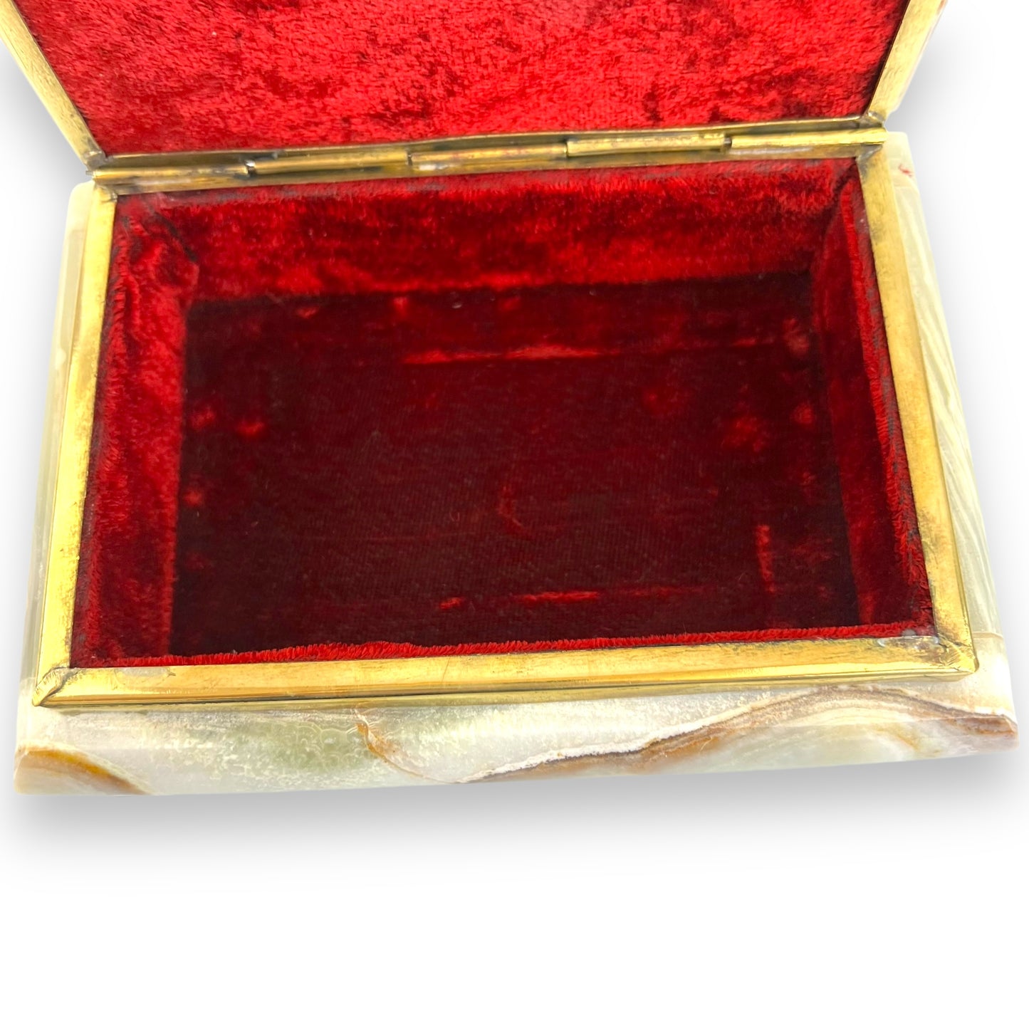 Vintage Onyx Stone Gold Footed Jewellery Box with red lining