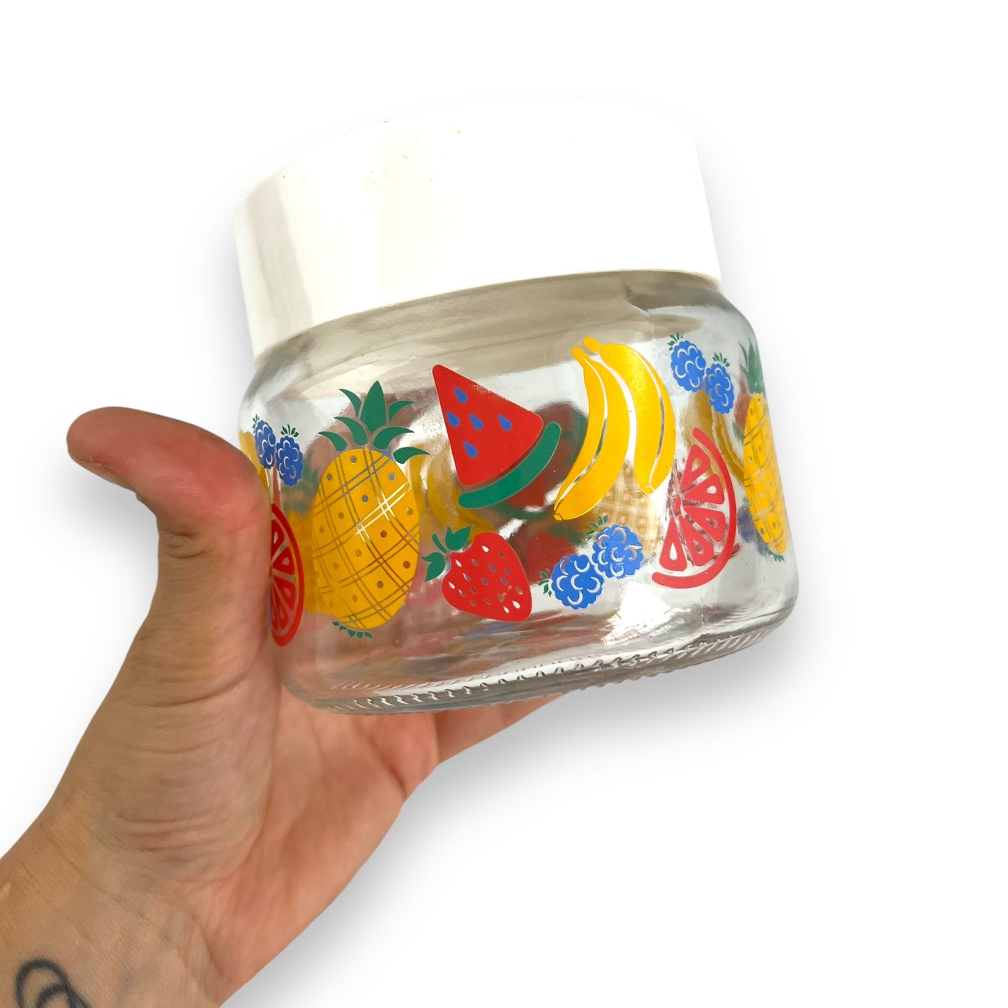 Colourful fruit patterned glass jar with white lid - Made in Italy