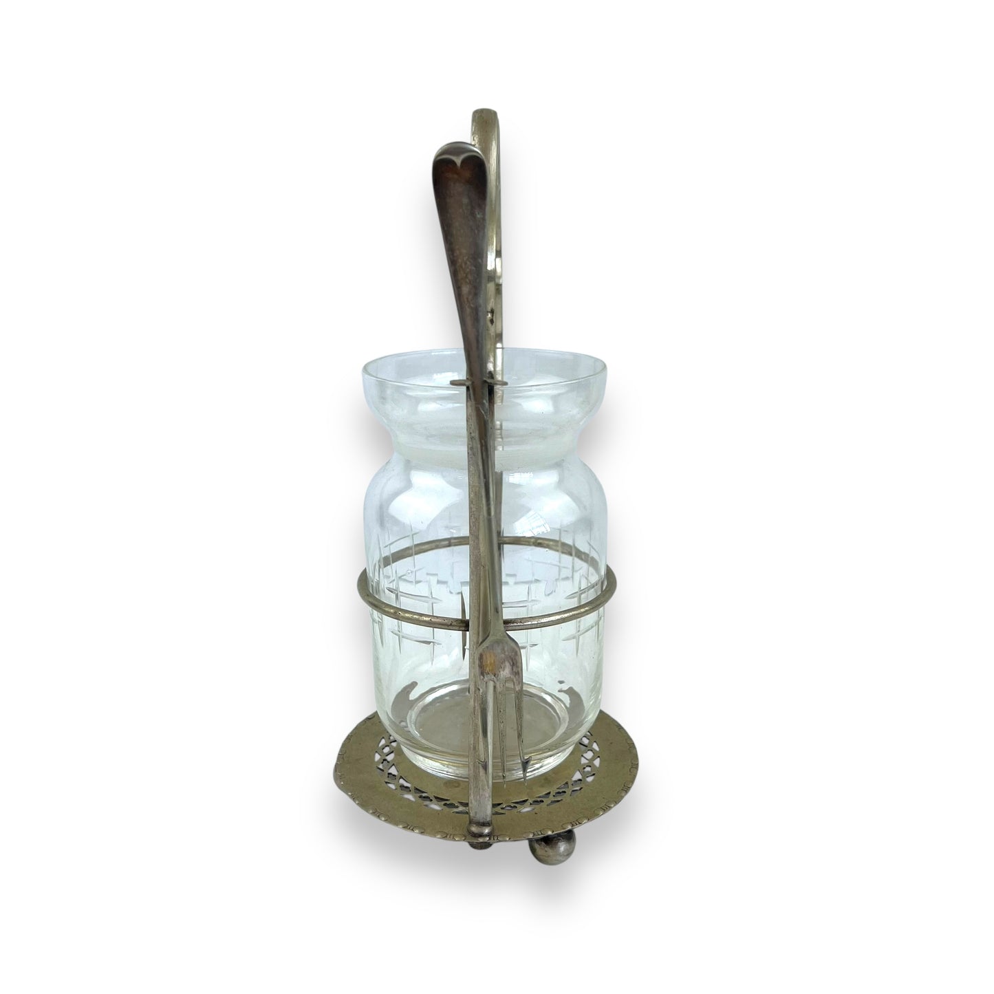 Glass pickle jar with Silver Plated stand & fork