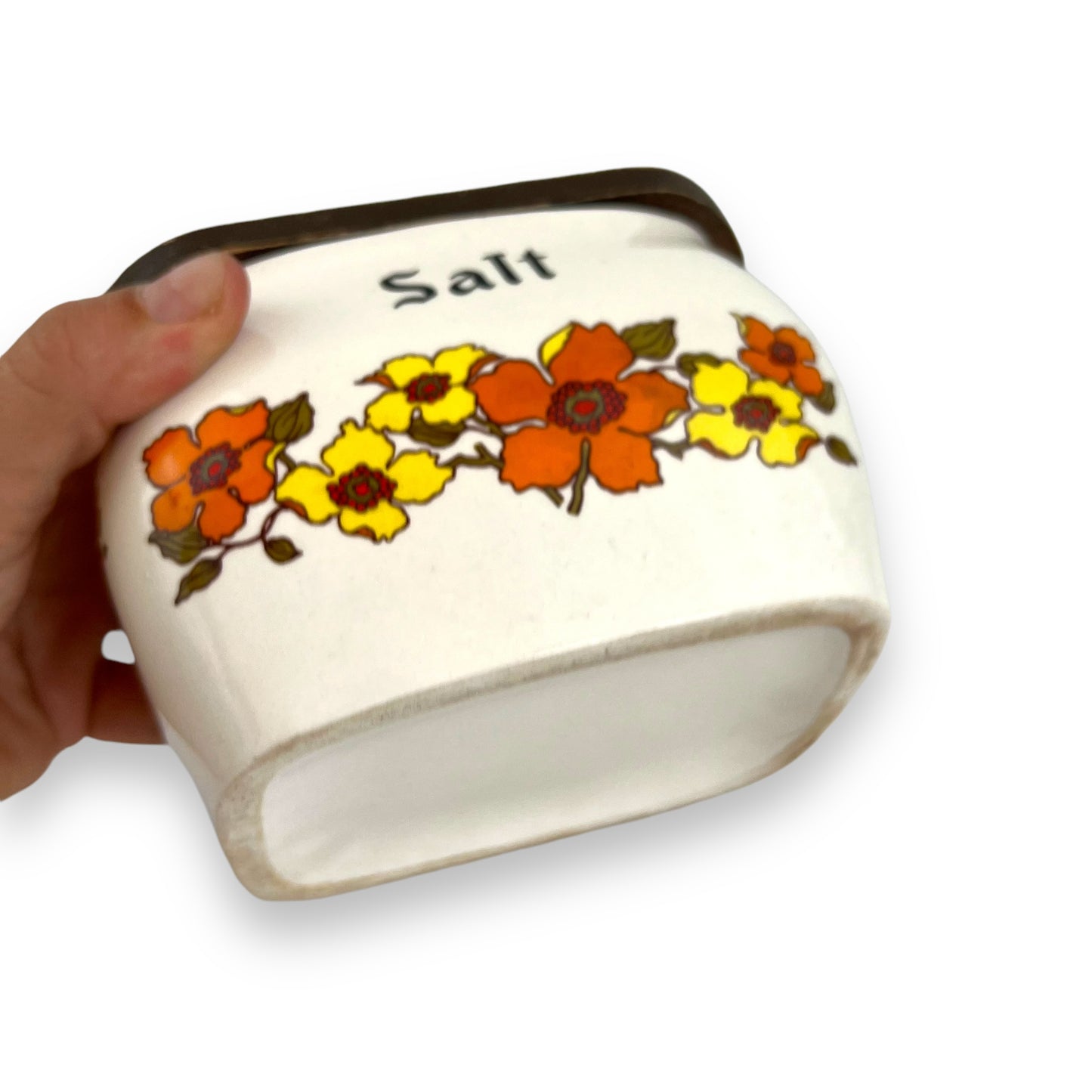 Salt Storage Container Wood lid orange and yellow flowers