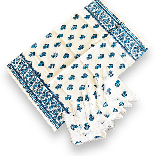 Blue and white retro pattern tea towel with 6 matching napkins