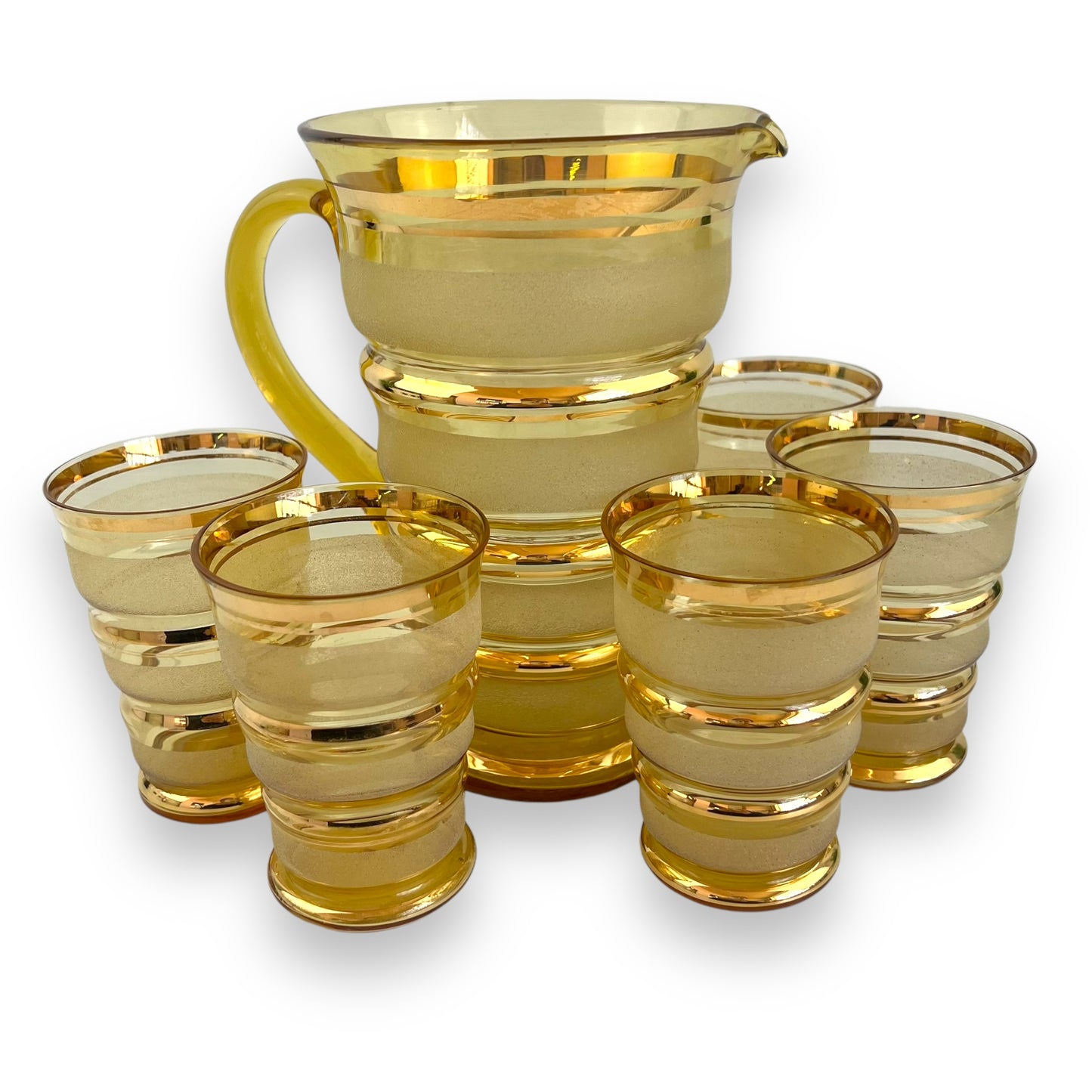 Gold banded frosted glasses and jug set