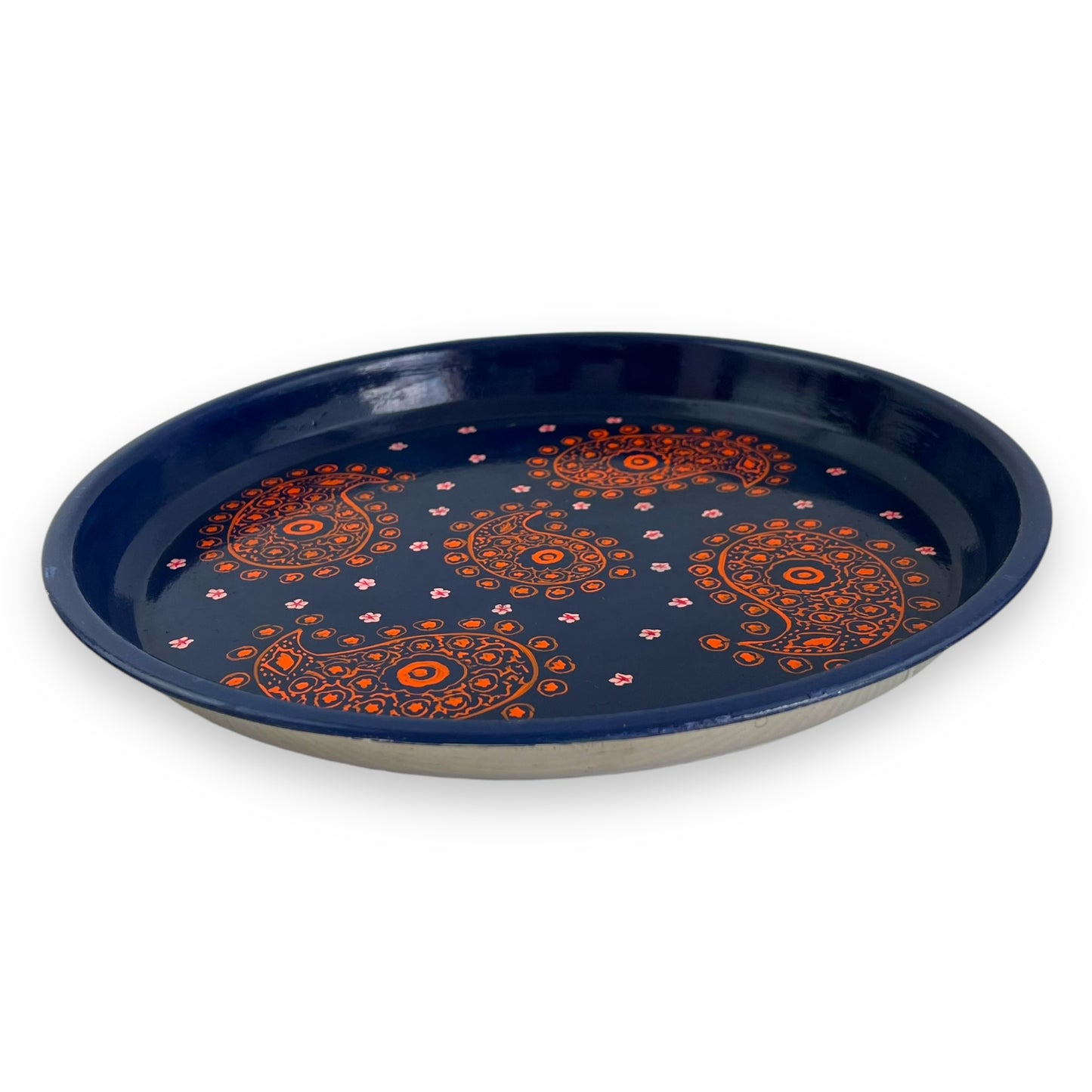 Blue metal tray with orange pattern