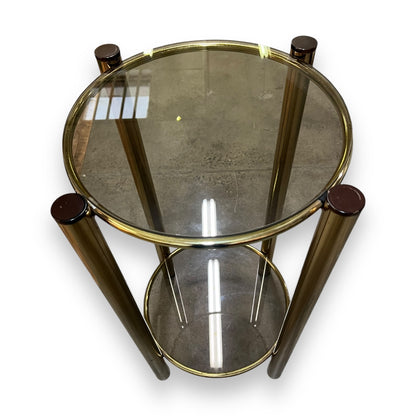 Brass Round Two Tier Stand with Smokey glass shelves