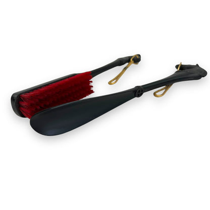 Horse Head Shoe Horn and Brush Set, Black, Red & Gold Plastic Hanging Set - Made in Hong Kong