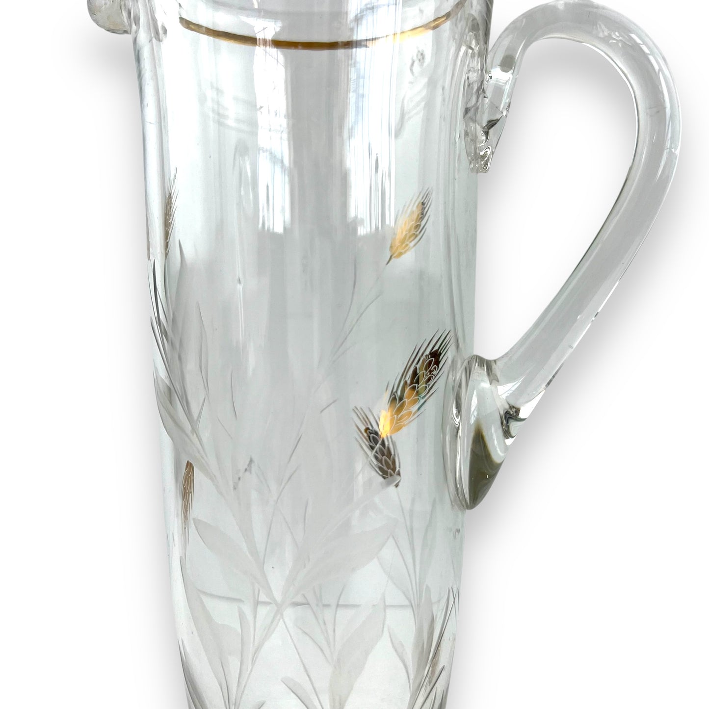 Large clear glass jug with gold wheat design