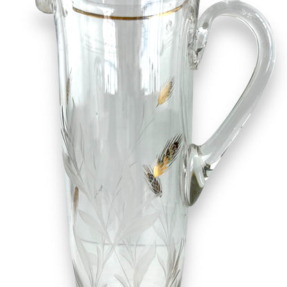 Large clear glass jug with gold wheat design