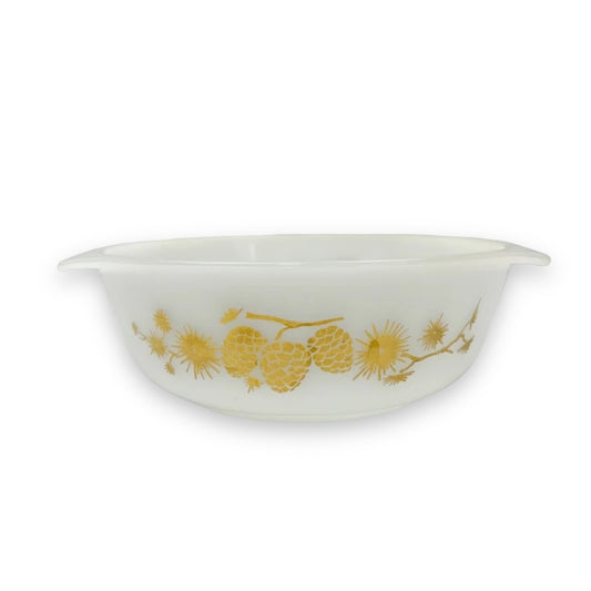 White Agee Pyrex Australia Dish with Gold pine cone decal