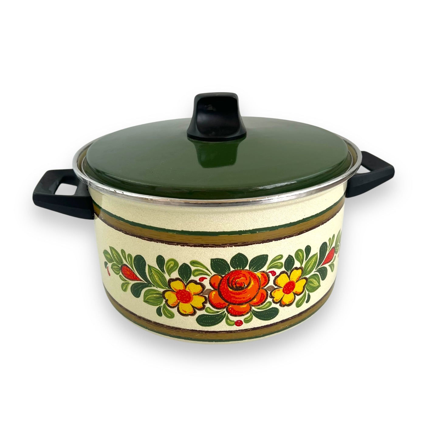 Enamel Double Handle Saucepan Orange Yellow Flowers Pot with green lid