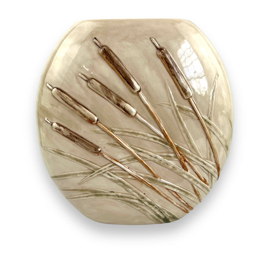 Large round beige vase with Cattail Grass Design artwork