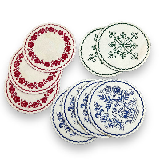 Vintage Paper Coasters Set - Retro Floral Design, Blue, Green, and Red Prints, Barware Decor (9 Pieces)