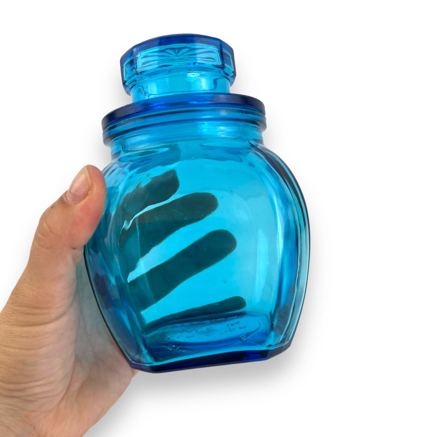 Blue glass apothecary jar bottle, made in Belgium