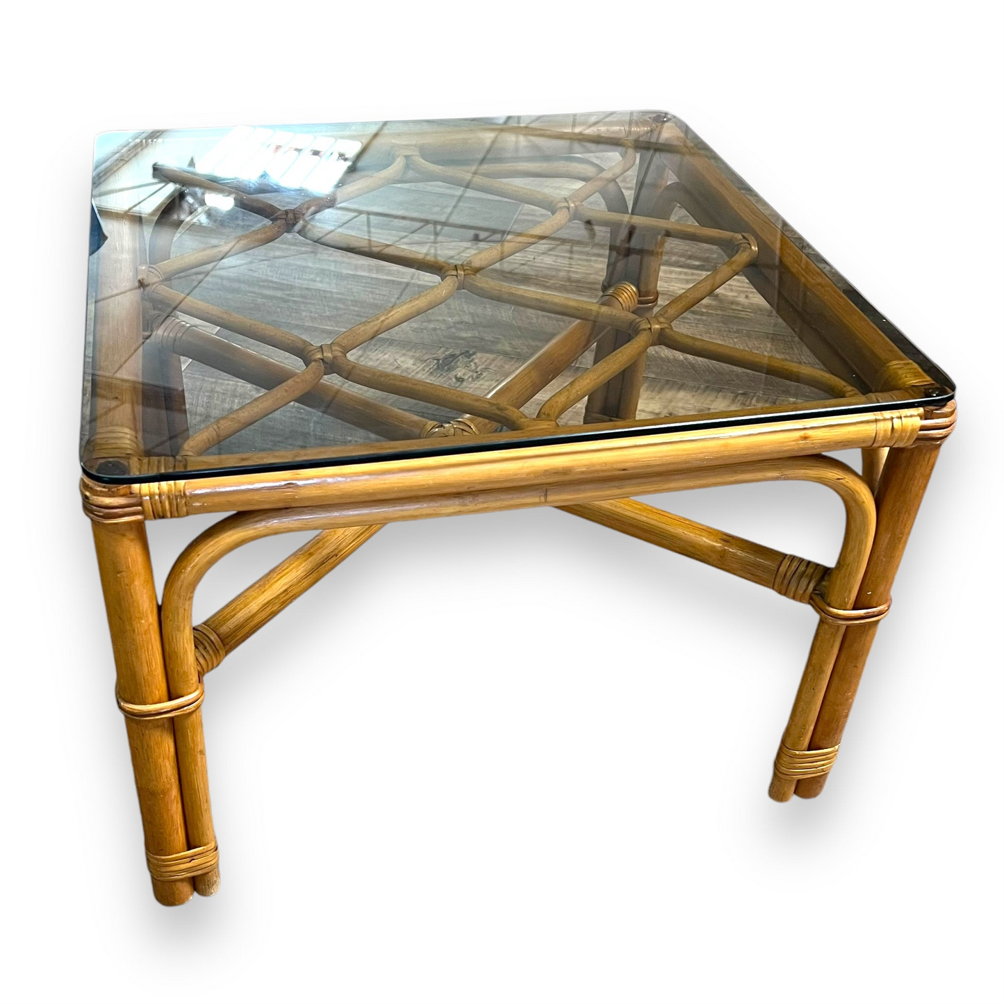 Cane square table with glass top