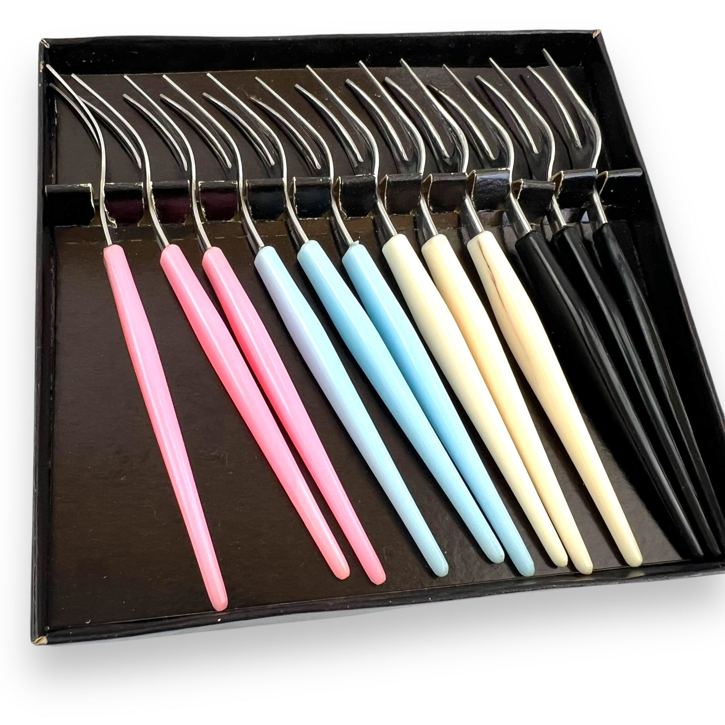 Set of 12 Vintage Stainless Steel Cocktail Forks – Pastel & Black Handles