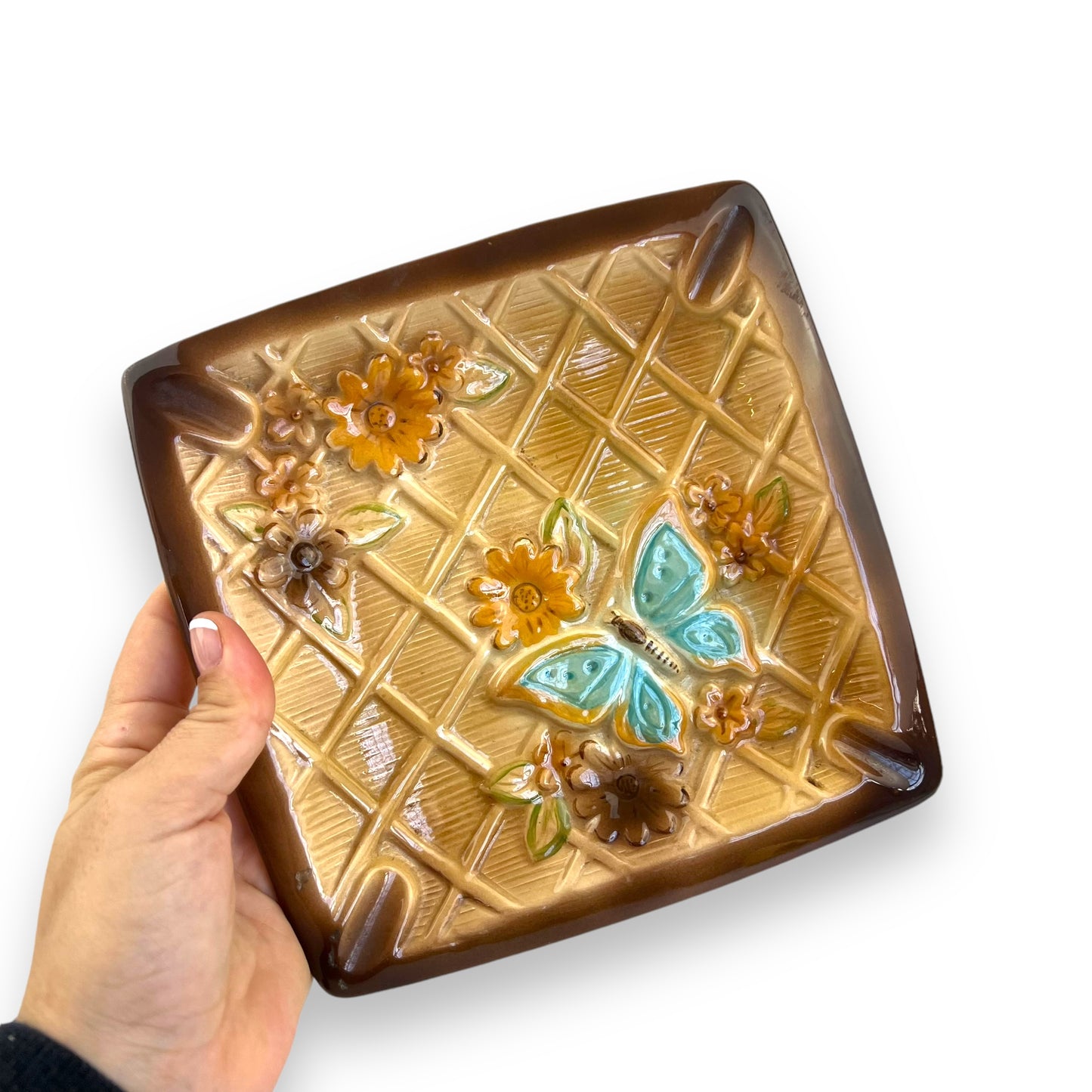 Brown Ashtray with Blue Butterfly