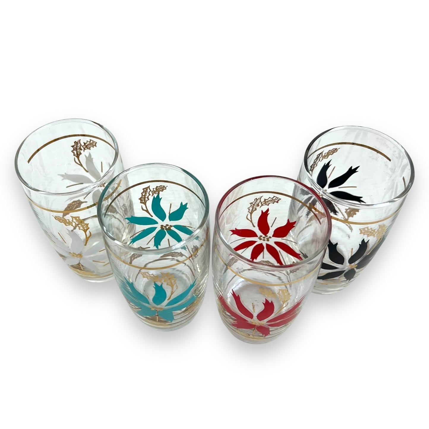 Colourful flower pattern glass set: white, green, red & black