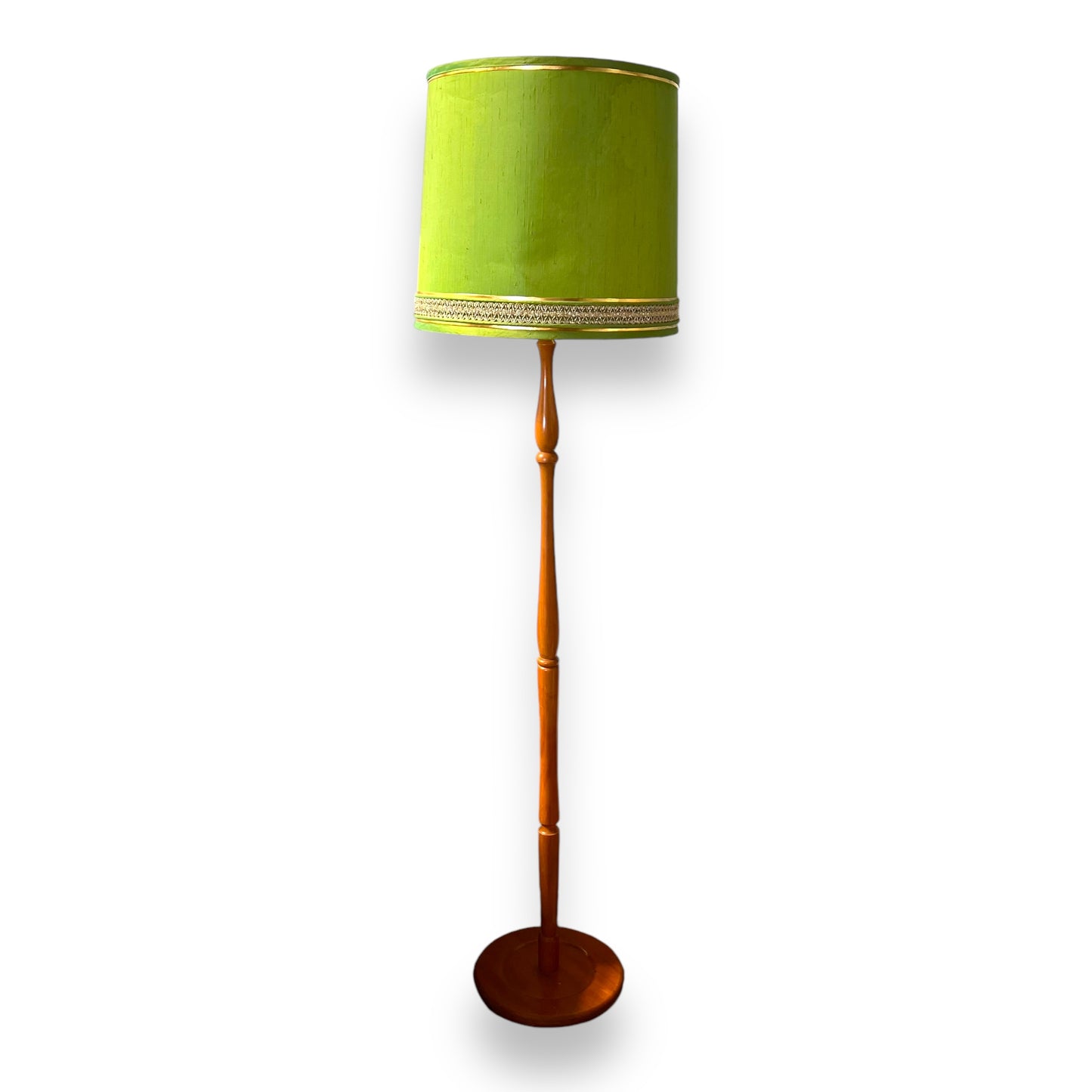 Timber Floor Lamp with Green Shade and Gold Detailing