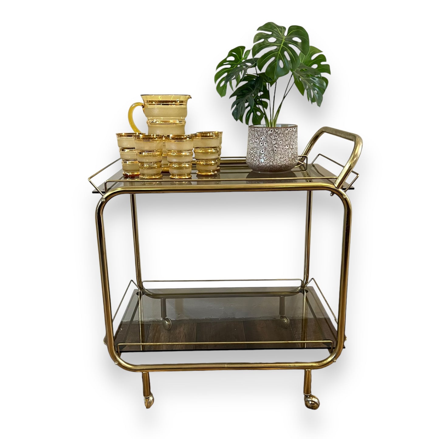 Brass two tier bar dart trolley with Smokey glass shelves