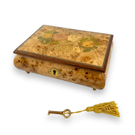 Handcrafted Wooden Maple Burl Musical Jewellery Box with Marquetry Inlay