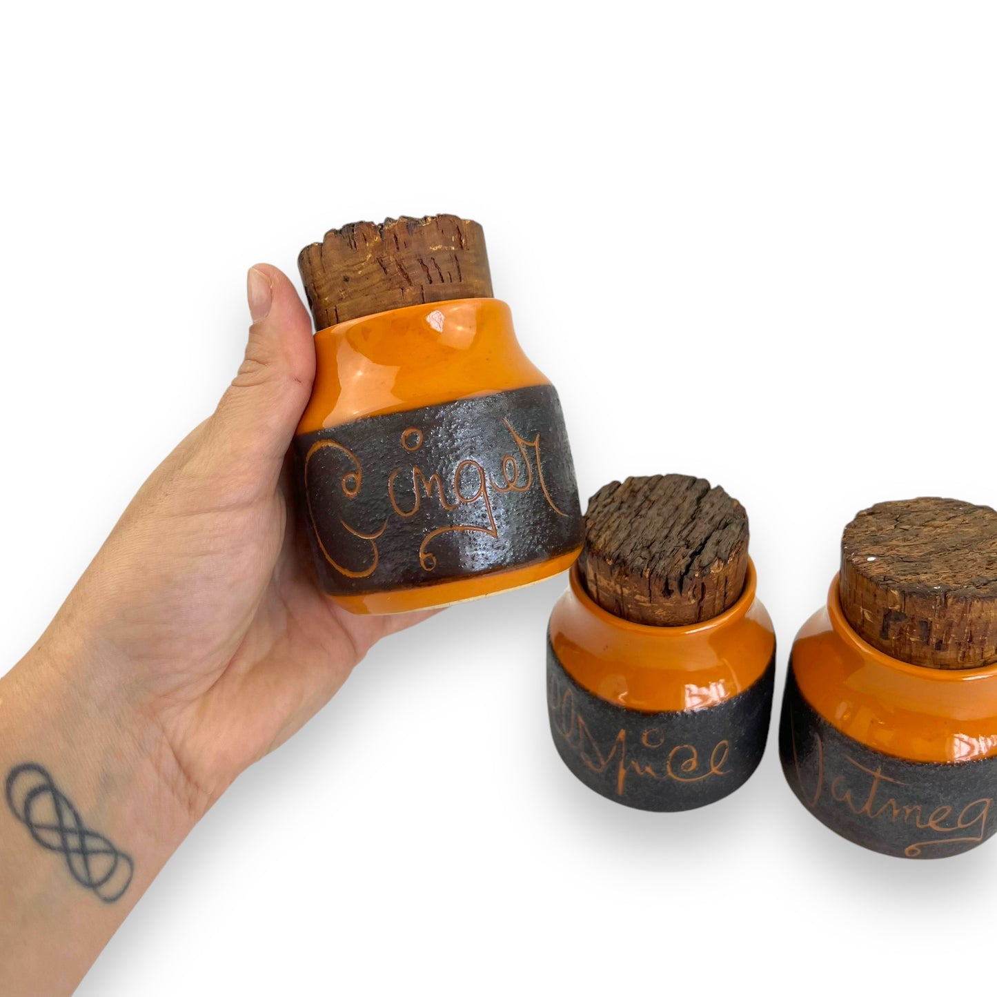 Hanstan Pottery Orange Spice Jar Set of 4: Ginger, Allspice, Nutmeg & Cloves