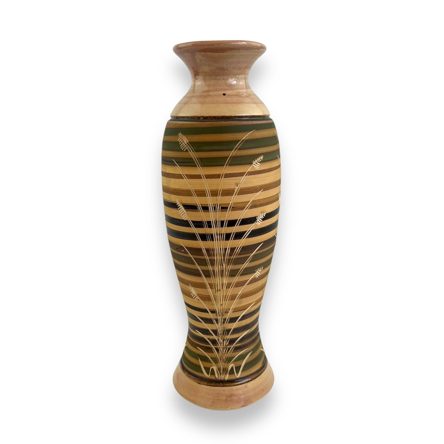 Striped pottery vase with grass etched design