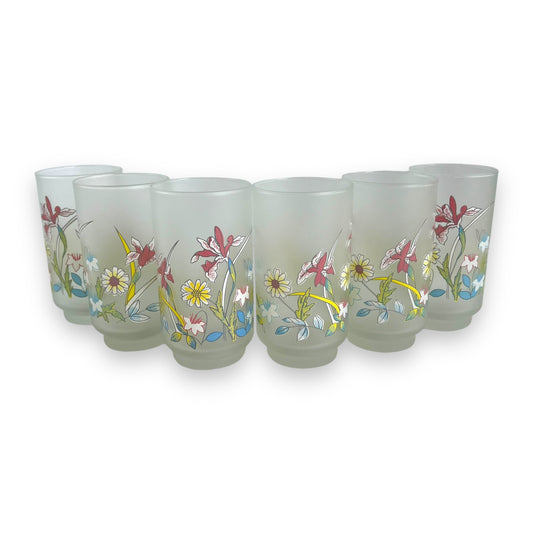 Frosted Glass Colourful flower tumbler glass set of 6