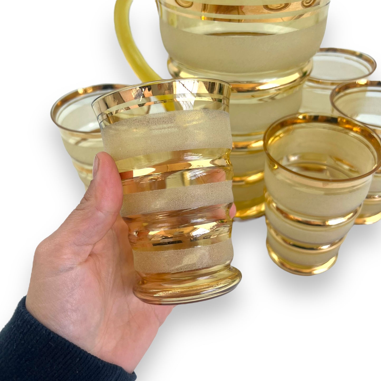 Gold banded frosted glasses and jug set